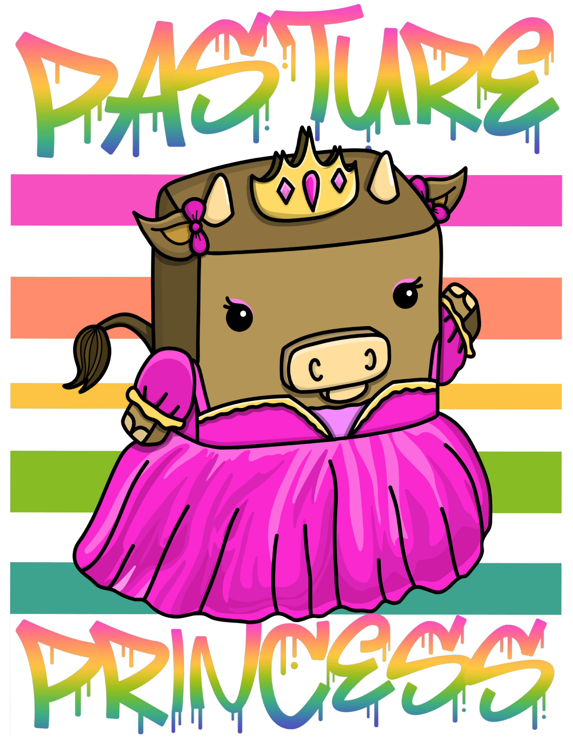 Cartoon cow in a pink dress with a crown on a colorful striped background